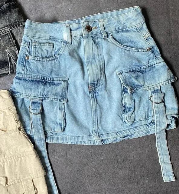 Women's A Line Denim Mini Skirt with Multi Pocket Design - Isabella
