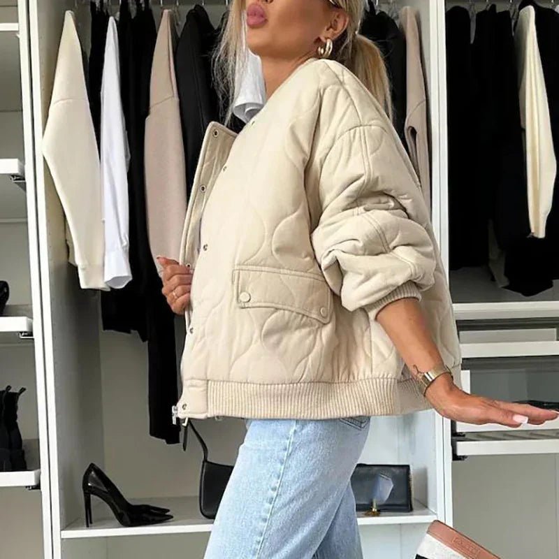 Quilted Bomber Jacket with Snap Fasteners