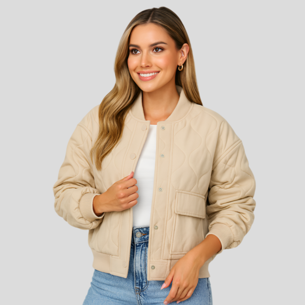 Women Bomber Jacket With Ribbed Hems