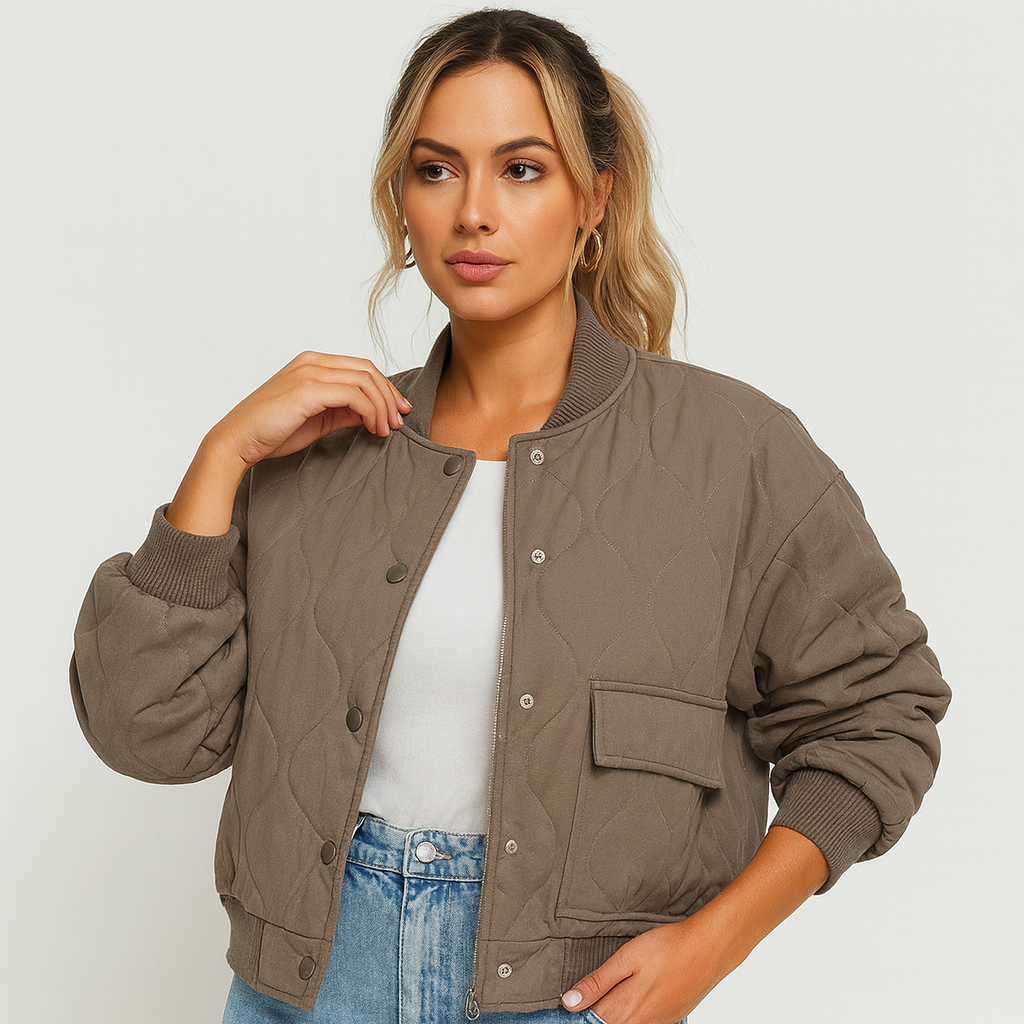 Women Bomber Jacket With Ribbed Hems