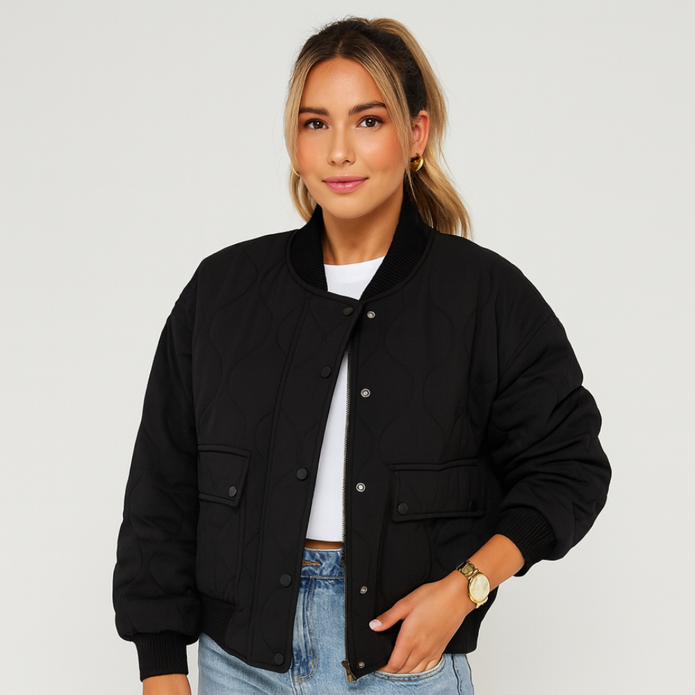 Women Bomber Jacket With Ribbed Hems