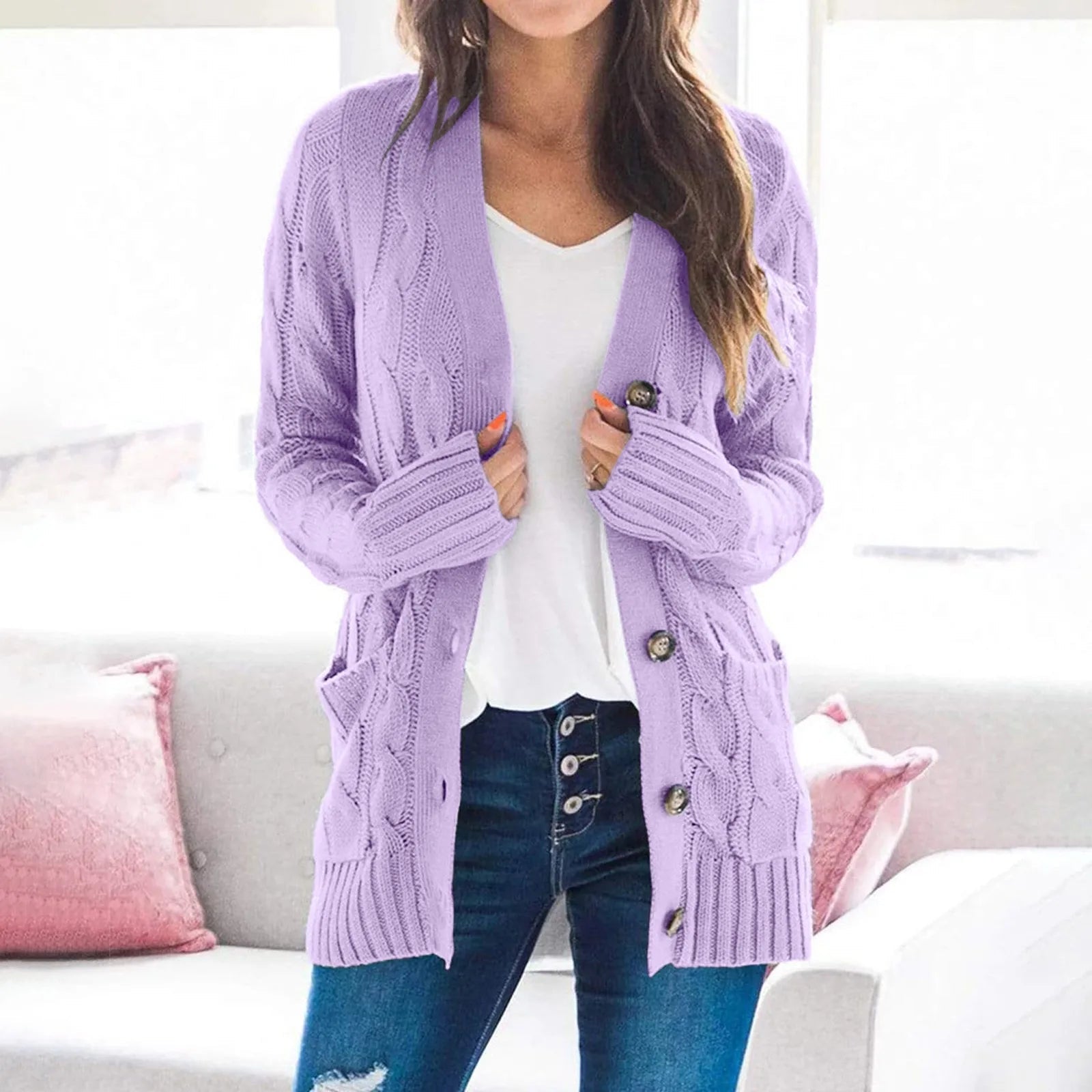 Knitted Cardigan with V-Neck and Pockets