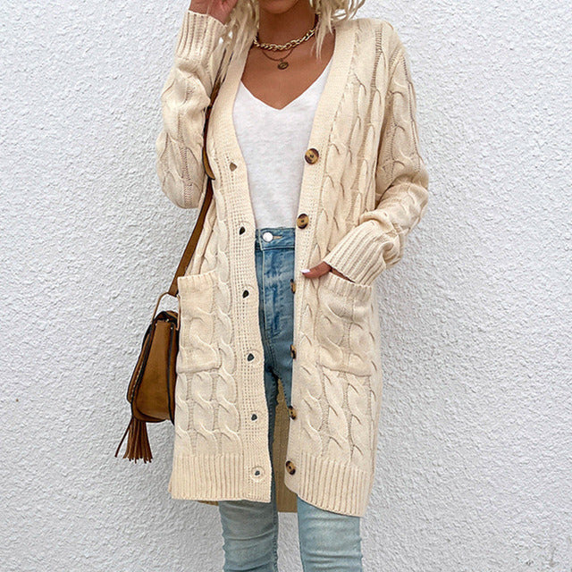 Long Cardigan For Women With Button Fastening And Pockets