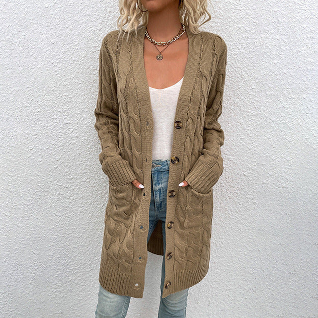 Long Cardigan For Women With Button Fastening And Pockets