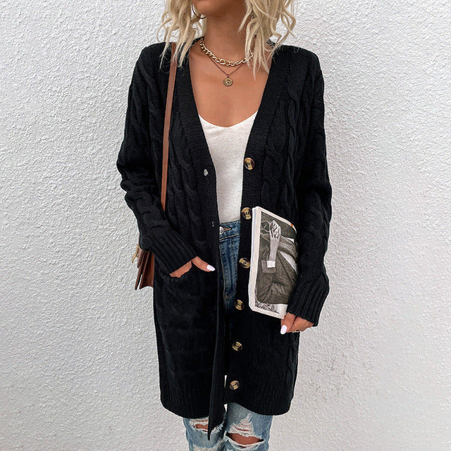 Long Cardigan For Women With Button Fastening And Pockets