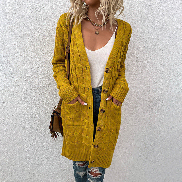 Long Cardigan For Women With Button Fastening And Pockets