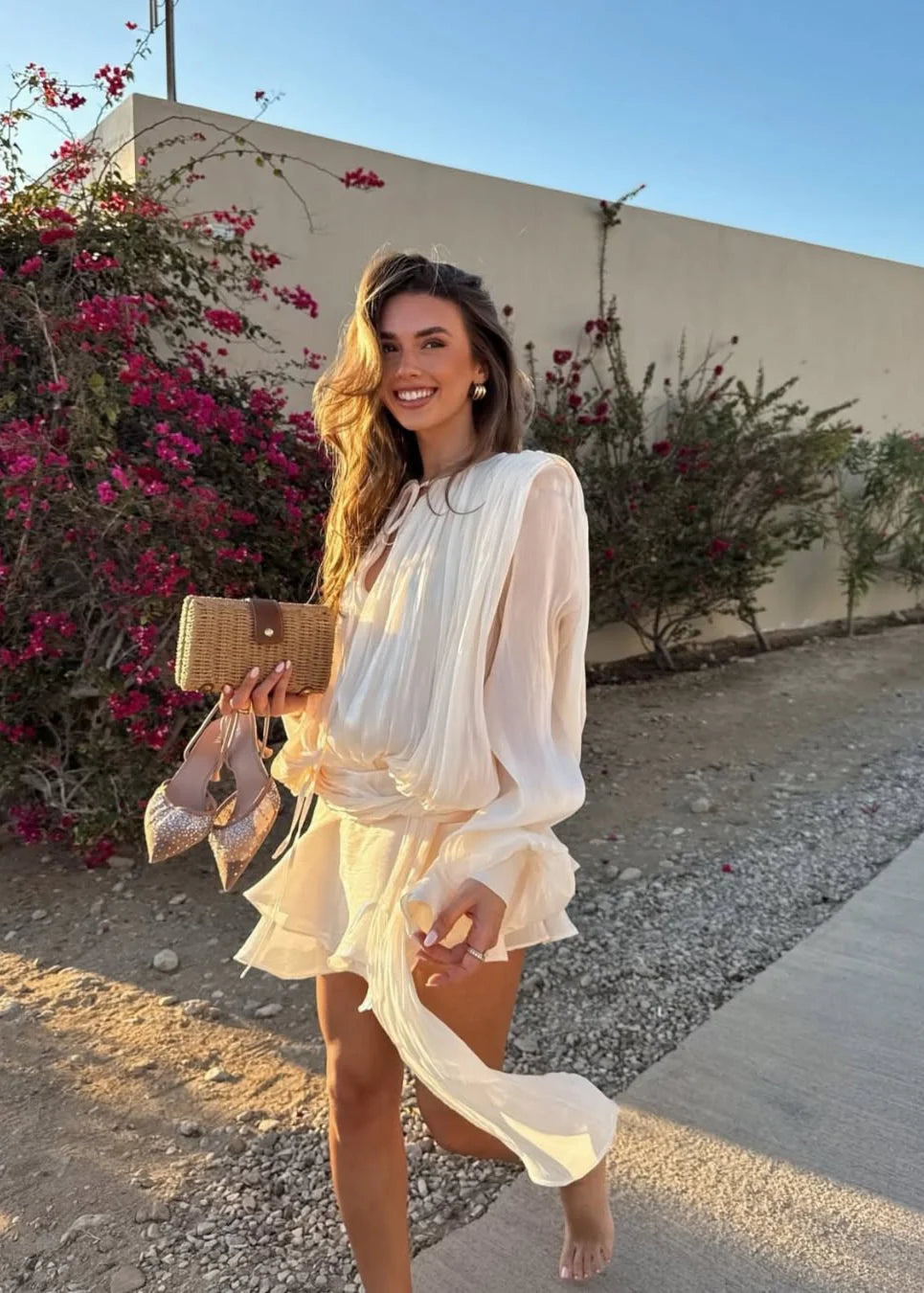 Women’s Ruffled Mini Dress with Belt & Pearl Buttons