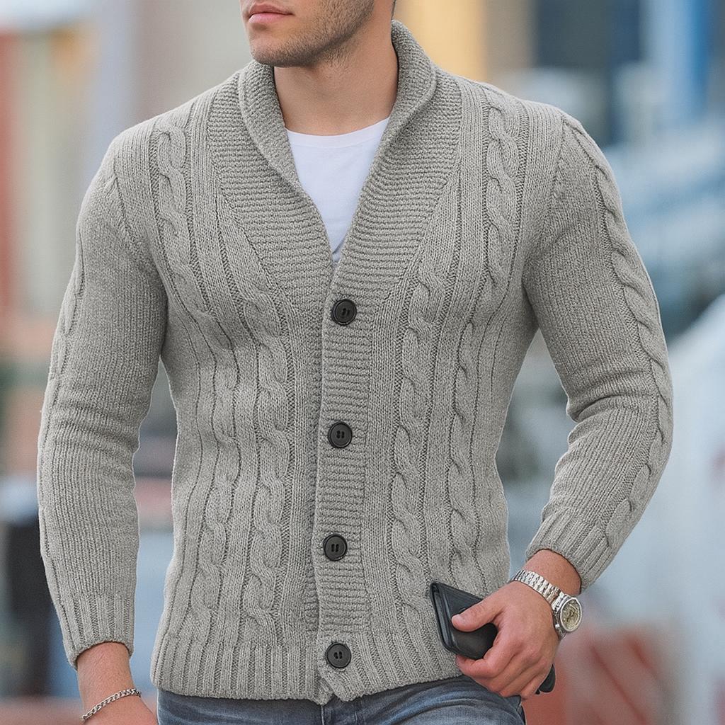 Men’s Cable-Knit Button Cardigan with Shawl Collar