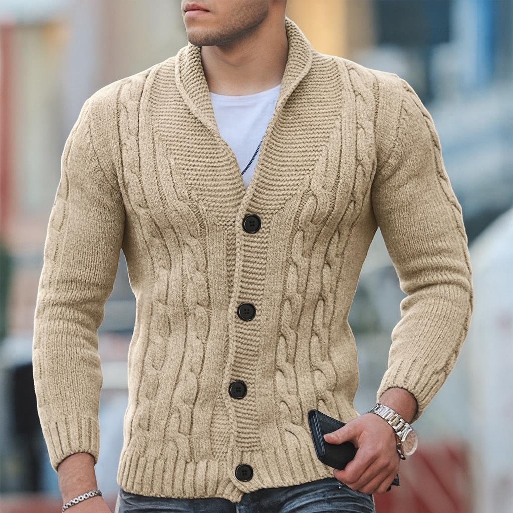 Men’s Cable-Knit Button Cardigan with Shawl Collar