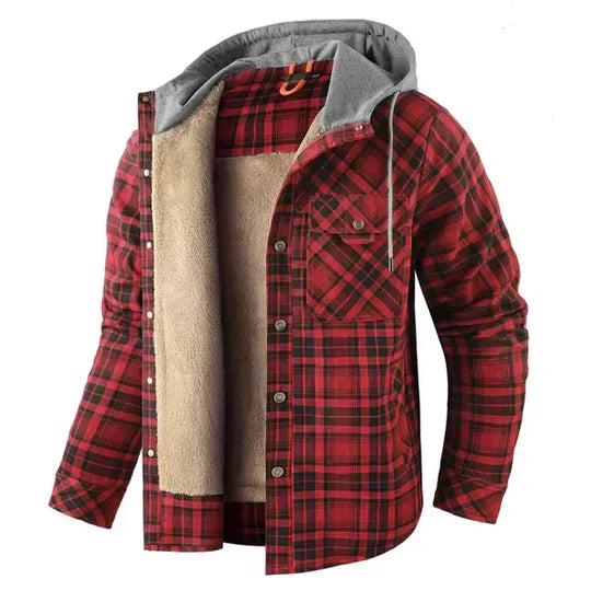 Men’s Hooded Fleece-Lined Plaid Shirt Jacket for Cold Seasons