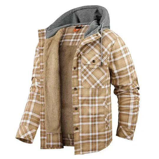 Men’s Hooded Fleece-Lined Plaid Shirt Jacket for Cold Seasons