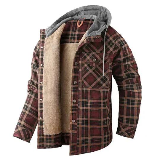 Men’s Hooded Fleece-Lined Plaid Shirt Jacket for Cold Seasons