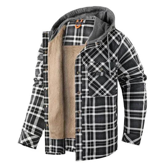 Men’s Hooded Fleece-Lined Plaid Shirt Jacket for Cold Seasons