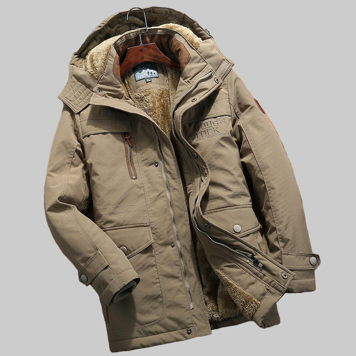 Men’s Hooded Winter Jacket with Front Zip and Flap Pockets