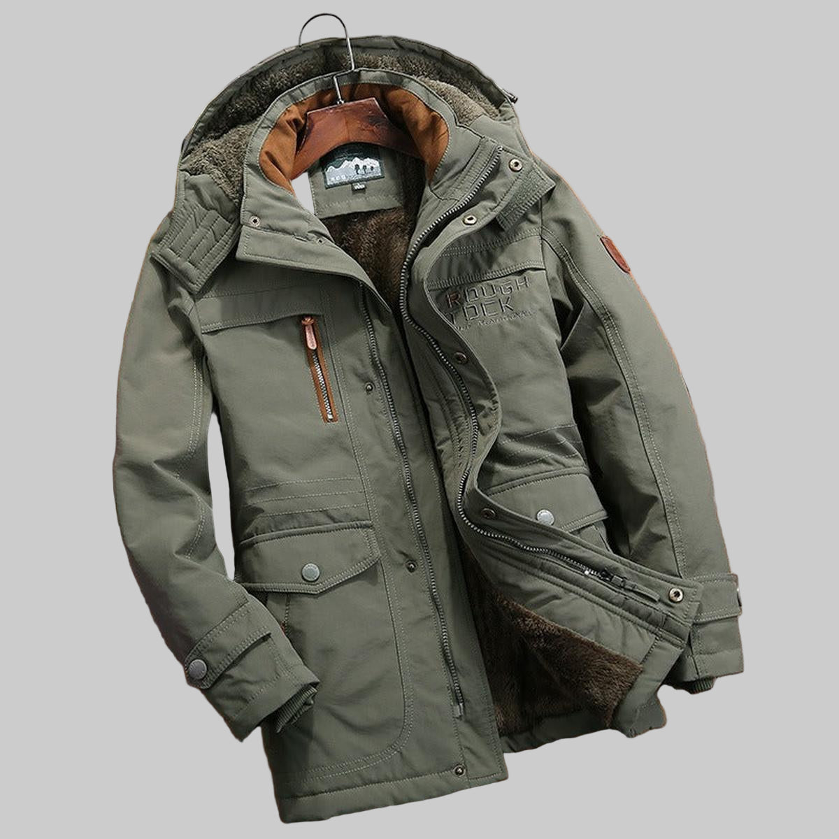 Men’s Hooded Winter Jacket with Front Zip and Flap Pockets