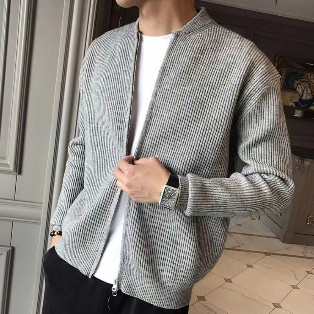 Men’s Rib-Knit Zip Cardigan with Collarless Design