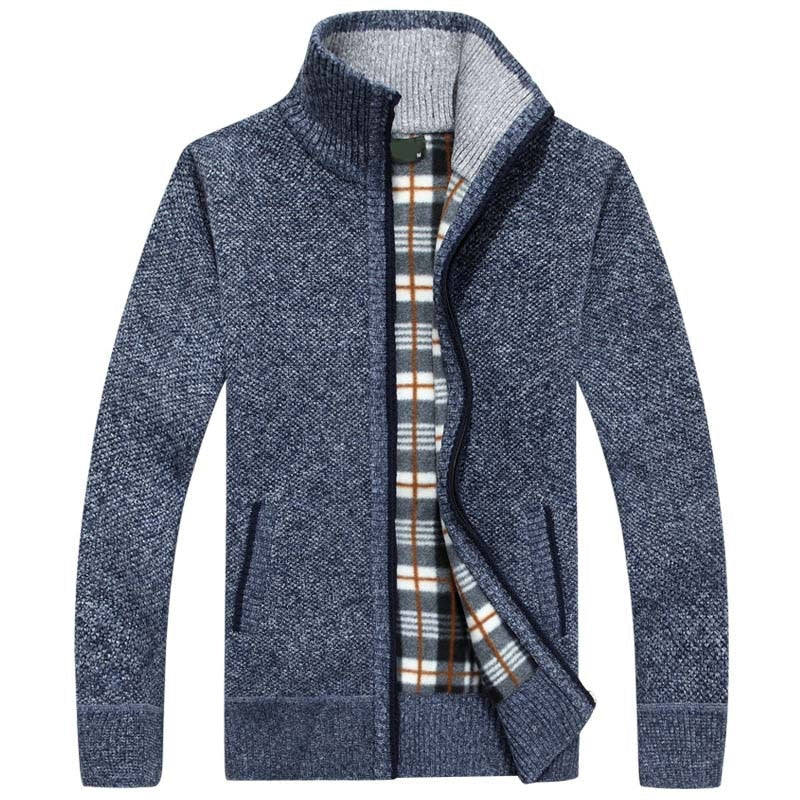 Men’s Zip-Up Knit Cardigan with Stand Collar and Lined Interior
