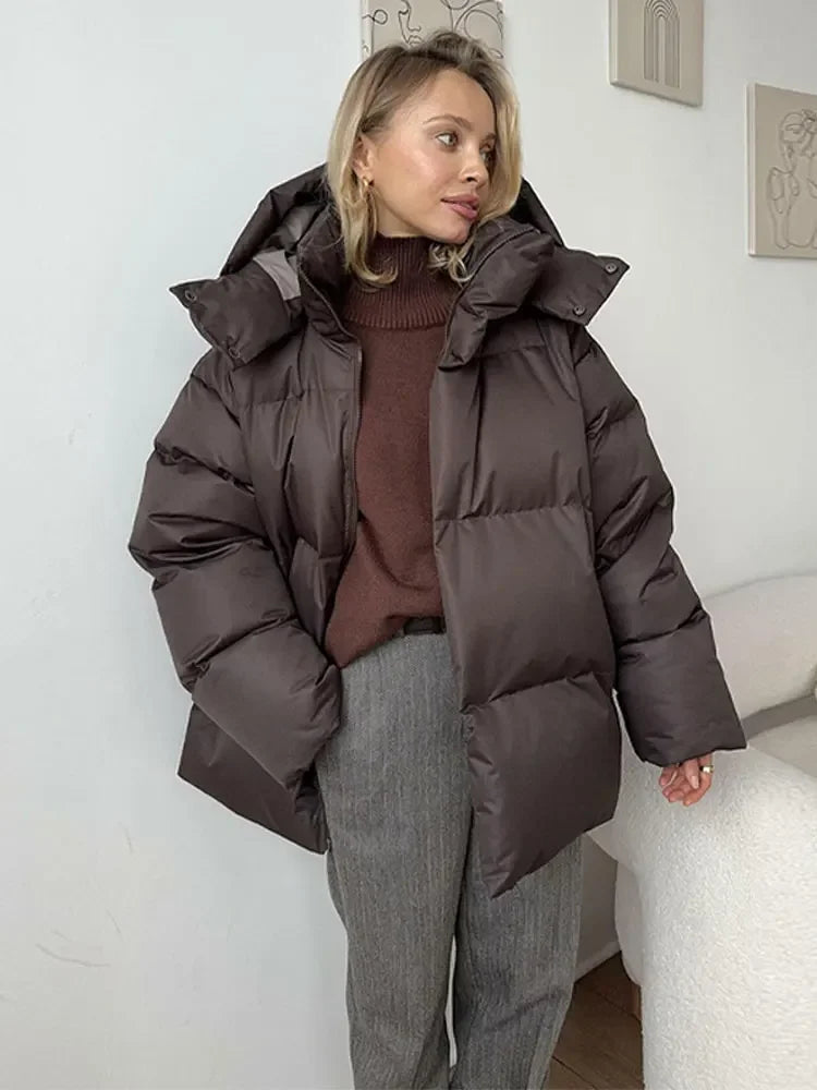 Women’s V-Neck Puffer Jacket with Detachable Hood