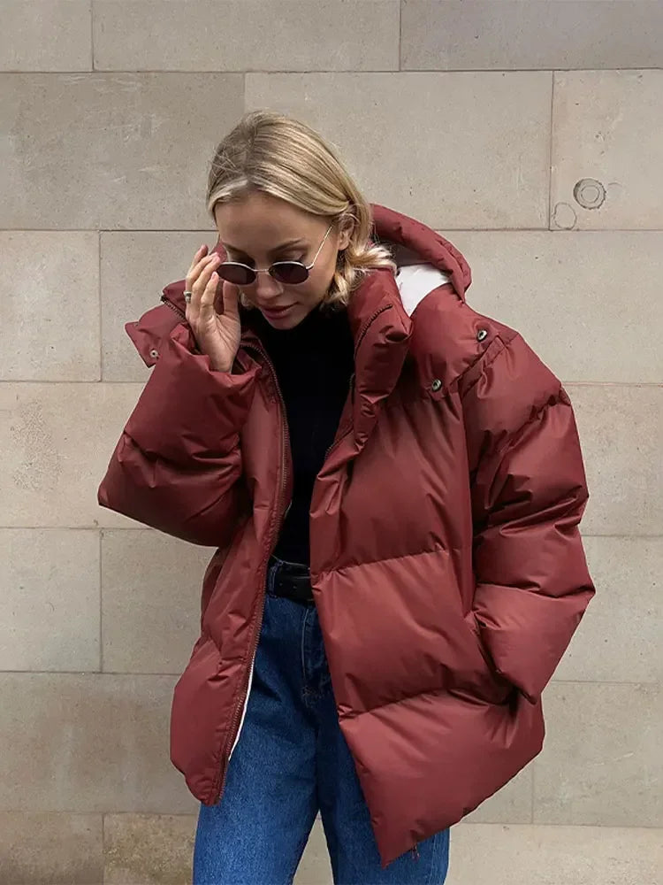 Women’s V-Neck Puffer Jacket with Detachable Hood