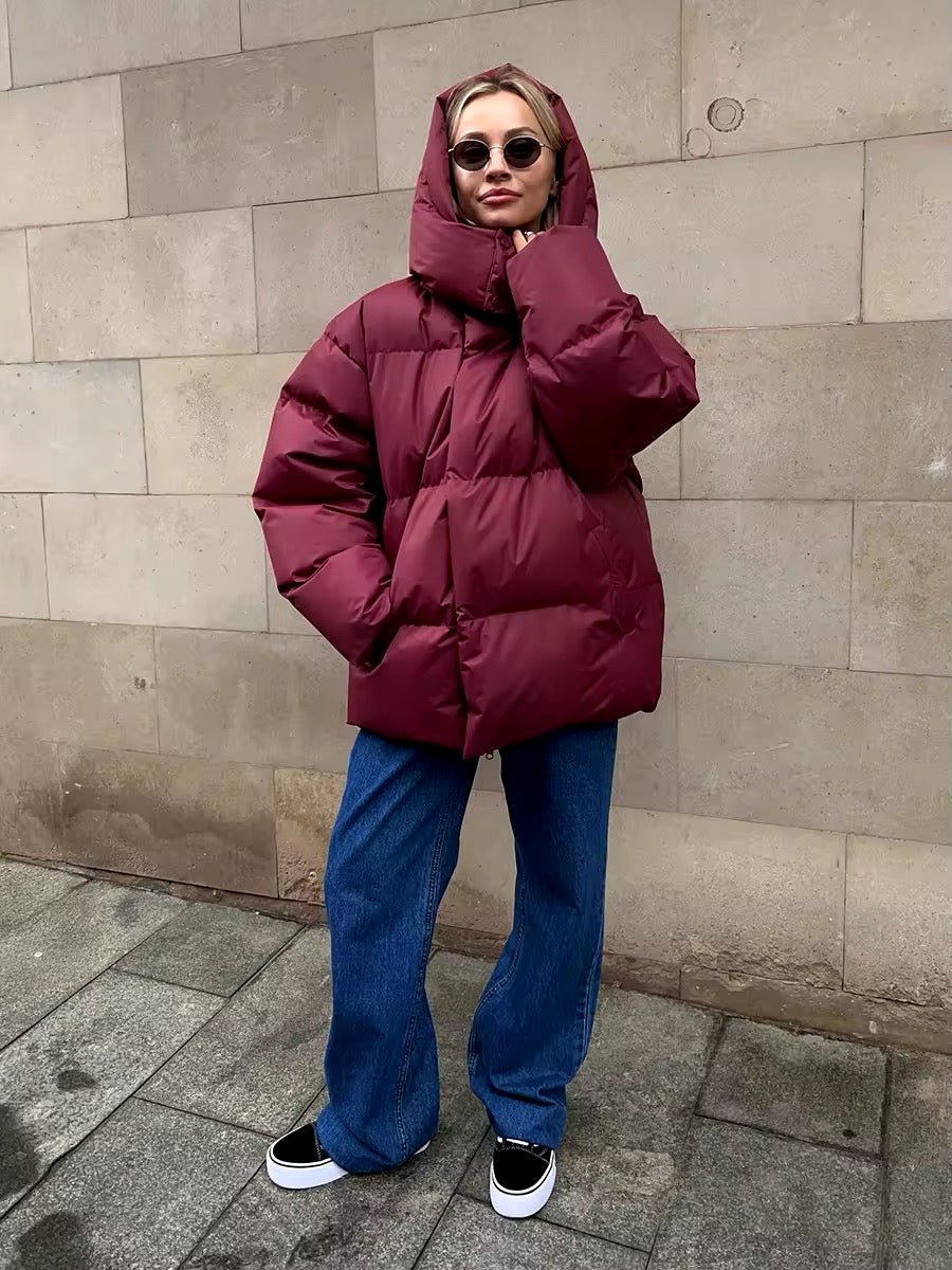 Women’s V-Neck Puffer Jacket with Detachable Hood