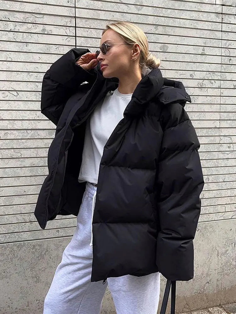 Women’s V-Neck Puffer Jacket with Detachable Hood