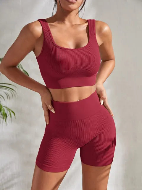 Women's Ribbed Yoga Set with Sleeveless Top and Shorts - Nina