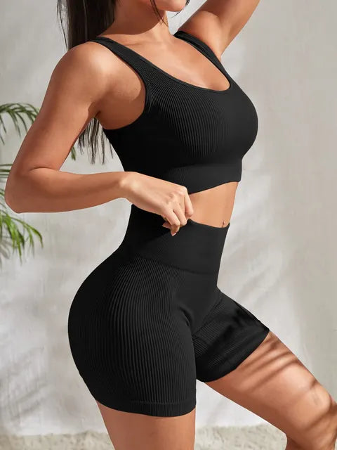 Women's Ribbed Yoga Set with Sleeveless Top and Shorts - Nina