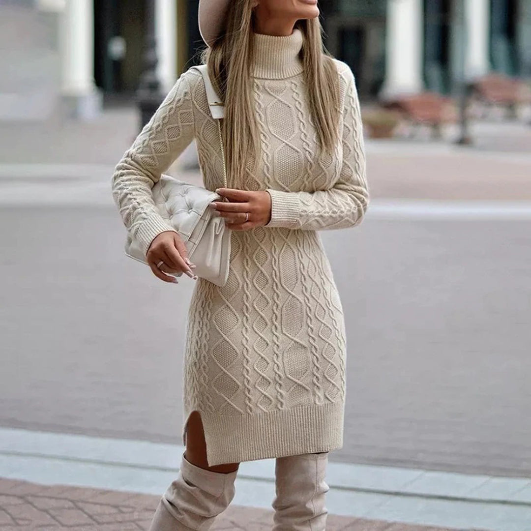 Long chunky knit roll neck dress for women