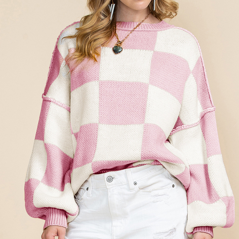 Brigitta - Women's Knitted Check Sweater