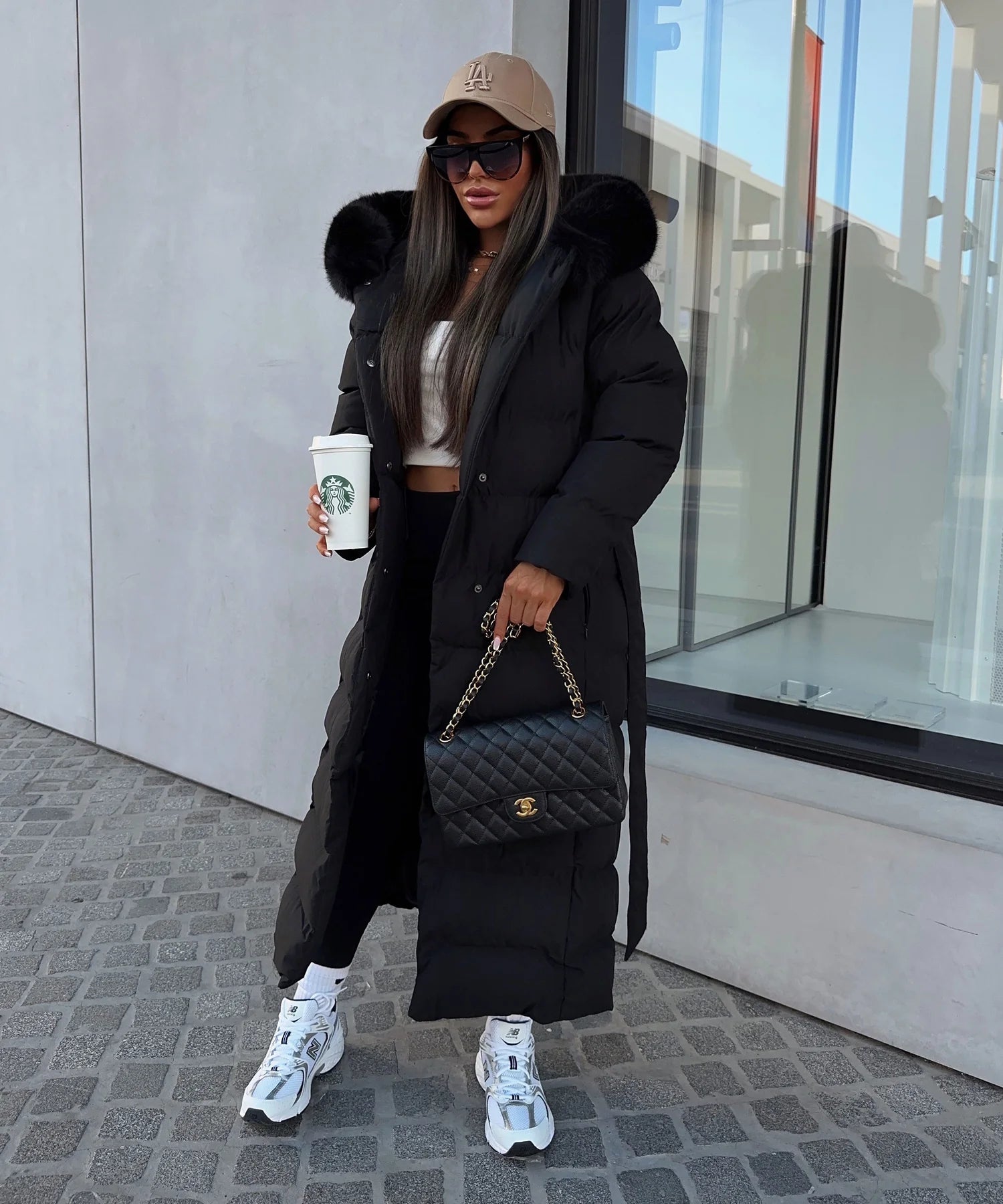 Women’s Black Parka with Removable Faux Fur & Waist Tie