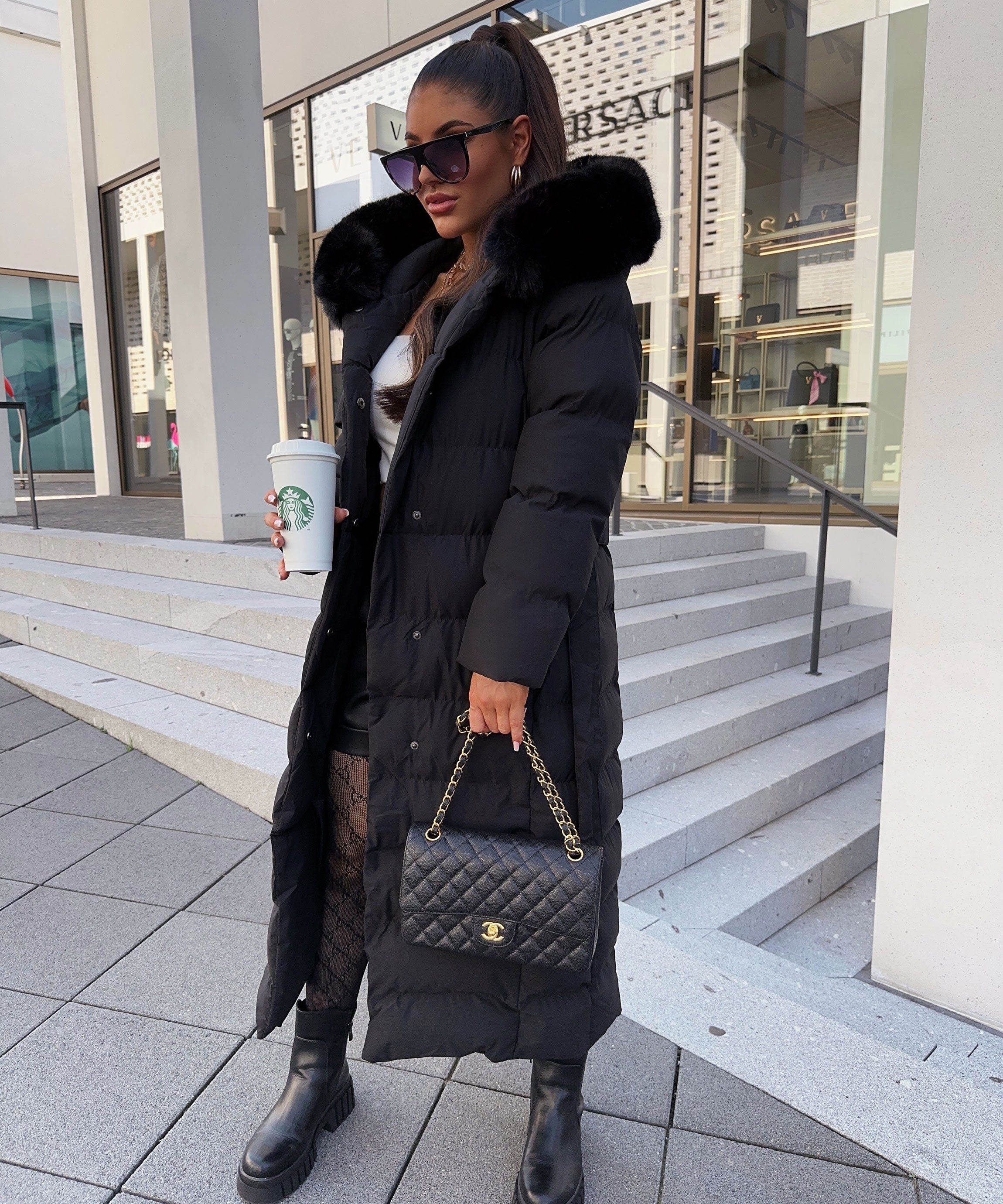Women’s Black Parka with Removable Faux Fur & Waist Tie