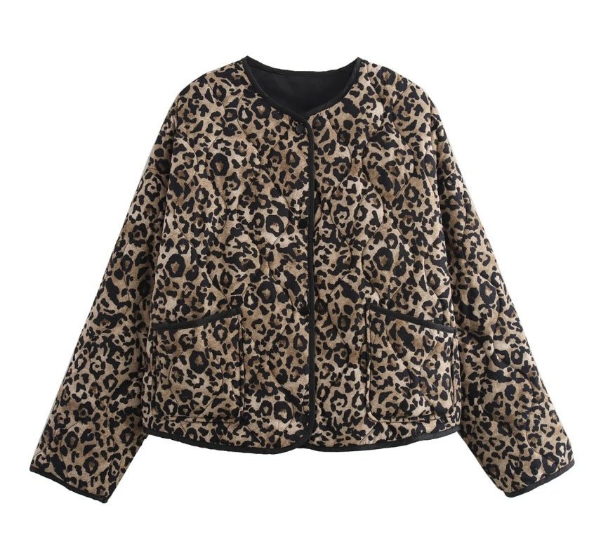 Quilted Jacket with Round Neck and Animal Print
