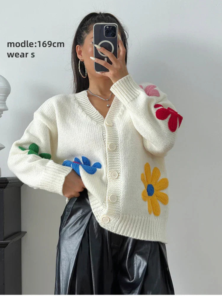 Kim - Women's Large Cardigan with Floral Embroidery