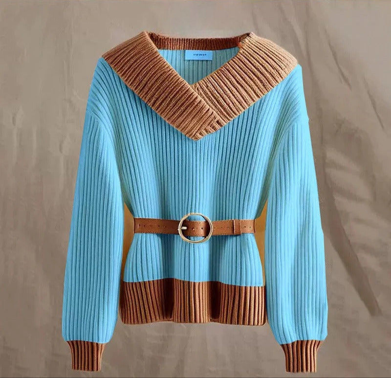 Elena - Elegant V-Neck Sweater with Fitted Waist