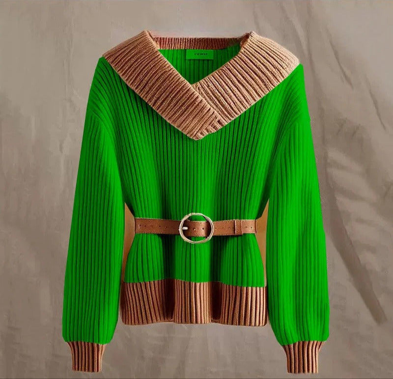 Elena - Elegant V-Neck Sweater with Fitted Waist