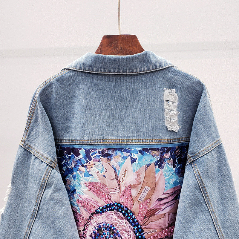 Evelyn - Oversized Jean Jacket with Floral Sequin Print