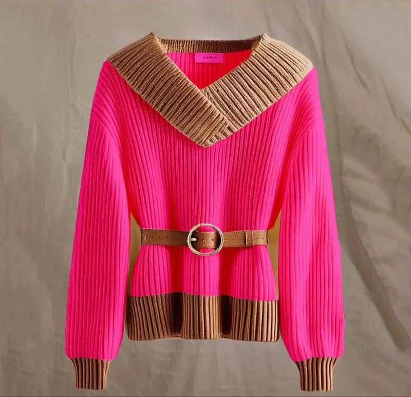 Elena - Elegant V-Neck Sweater with Fitted Waist