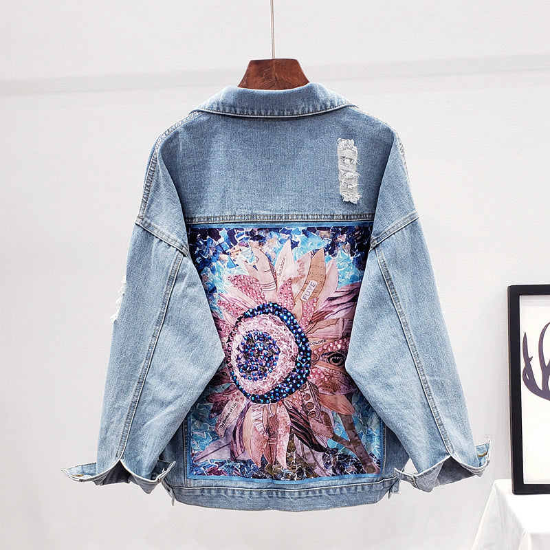 Evelyn - Oversized Jean Jacket with Floral Sequin Print