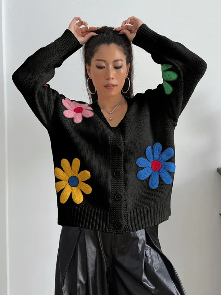 Kim - Women's Large Cardigan with Floral Embroidery