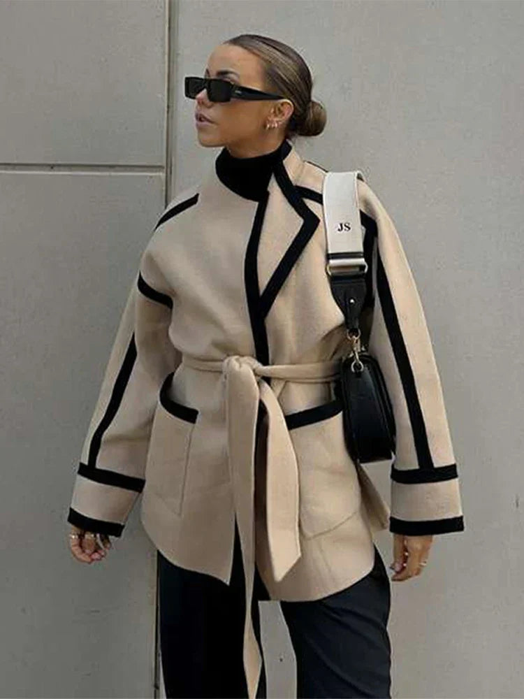 Graciela - Women's Modern Patchwork Coat with Bow Belt