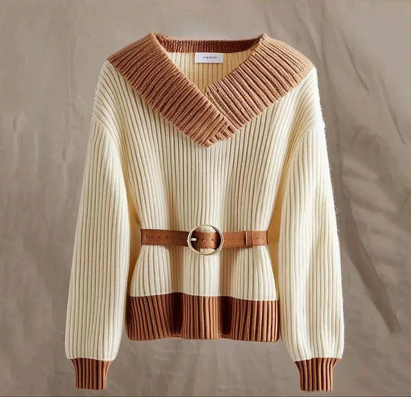 Elena - Elegant V-Neck Sweater with Fitted Waist