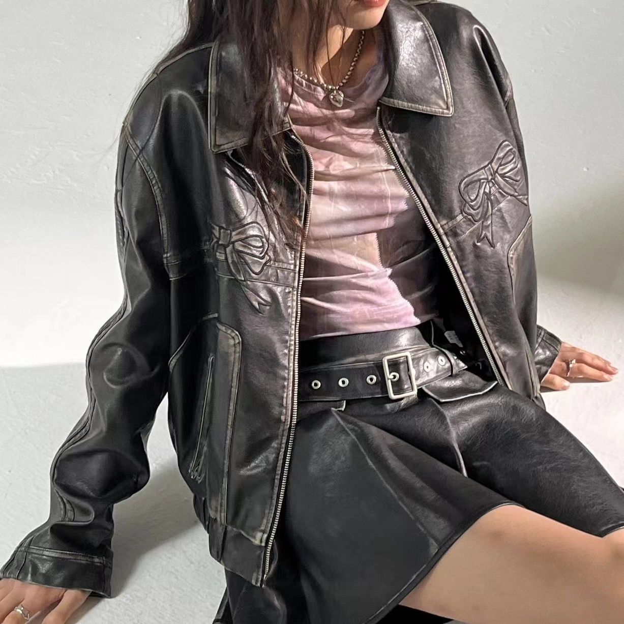 Halle - Elegant Leather Jacket with Knots