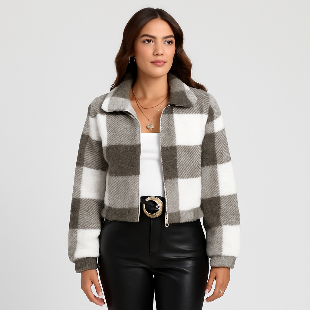 Women's Jacket With Checked Pattern And Zip Front