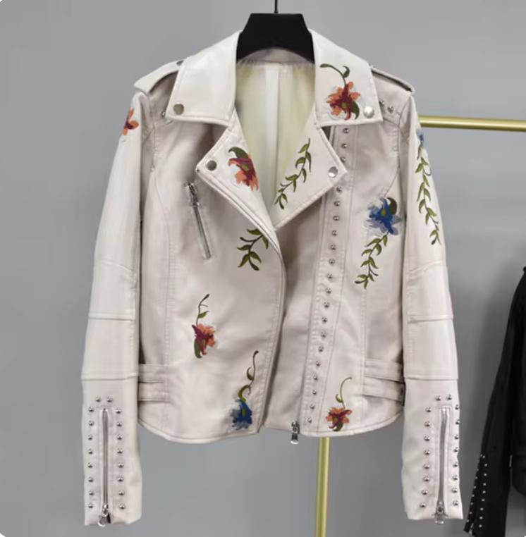 Melanie - Synthetic leather jacket with floral print and embroidery