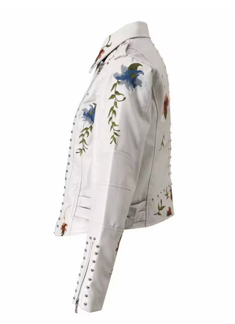 Melanie - Synthetic leather jacket with floral print and embroidery