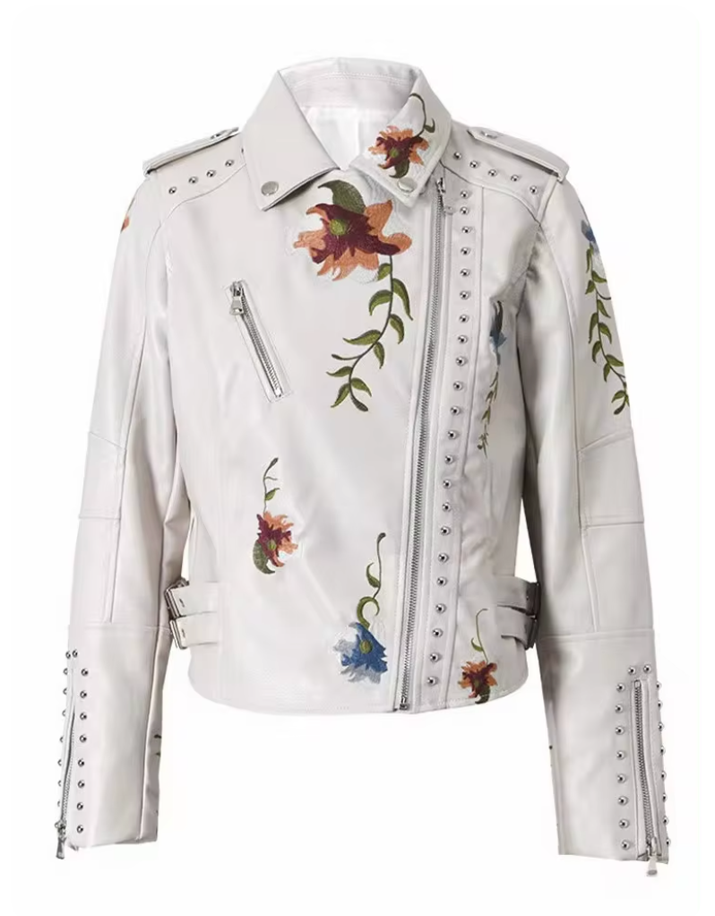 Melanie - Synthetic leather jacket with floral print and embroidery