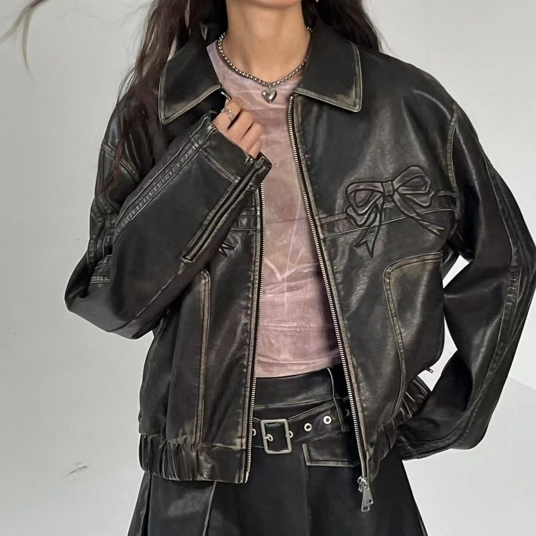 Halle - Elegant Leather Jacket with Knots