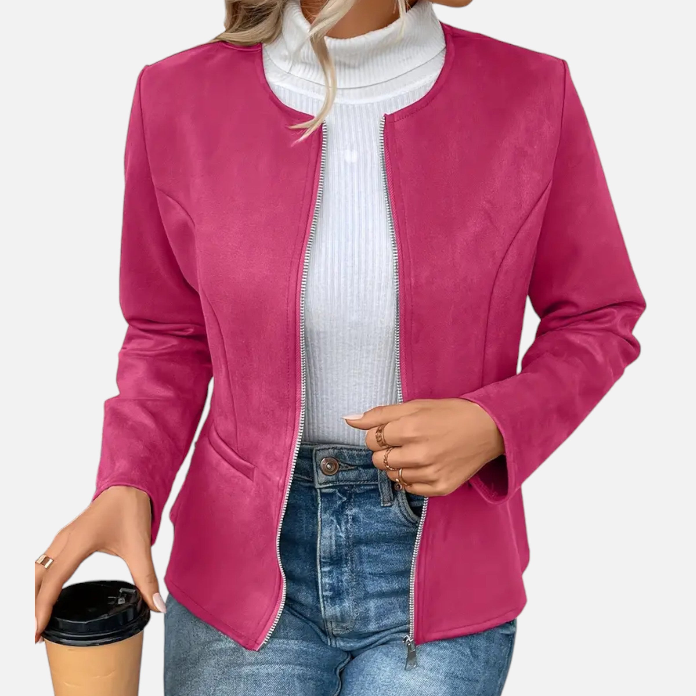 Women Jacket With Round Neck and Zip Detail