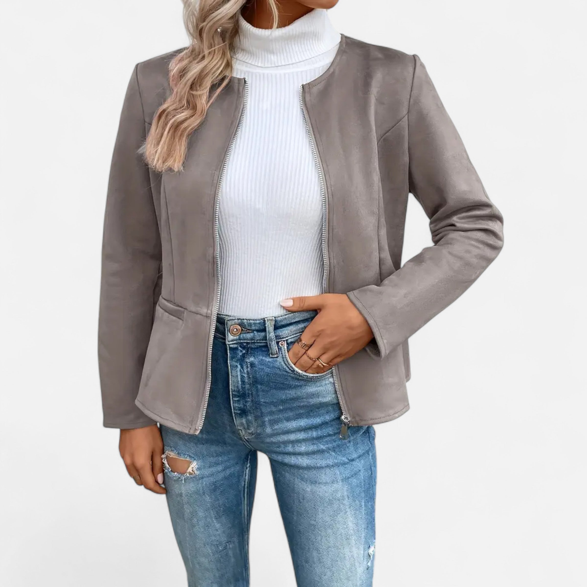 Women Jacket With Round Neck and Zip Detail