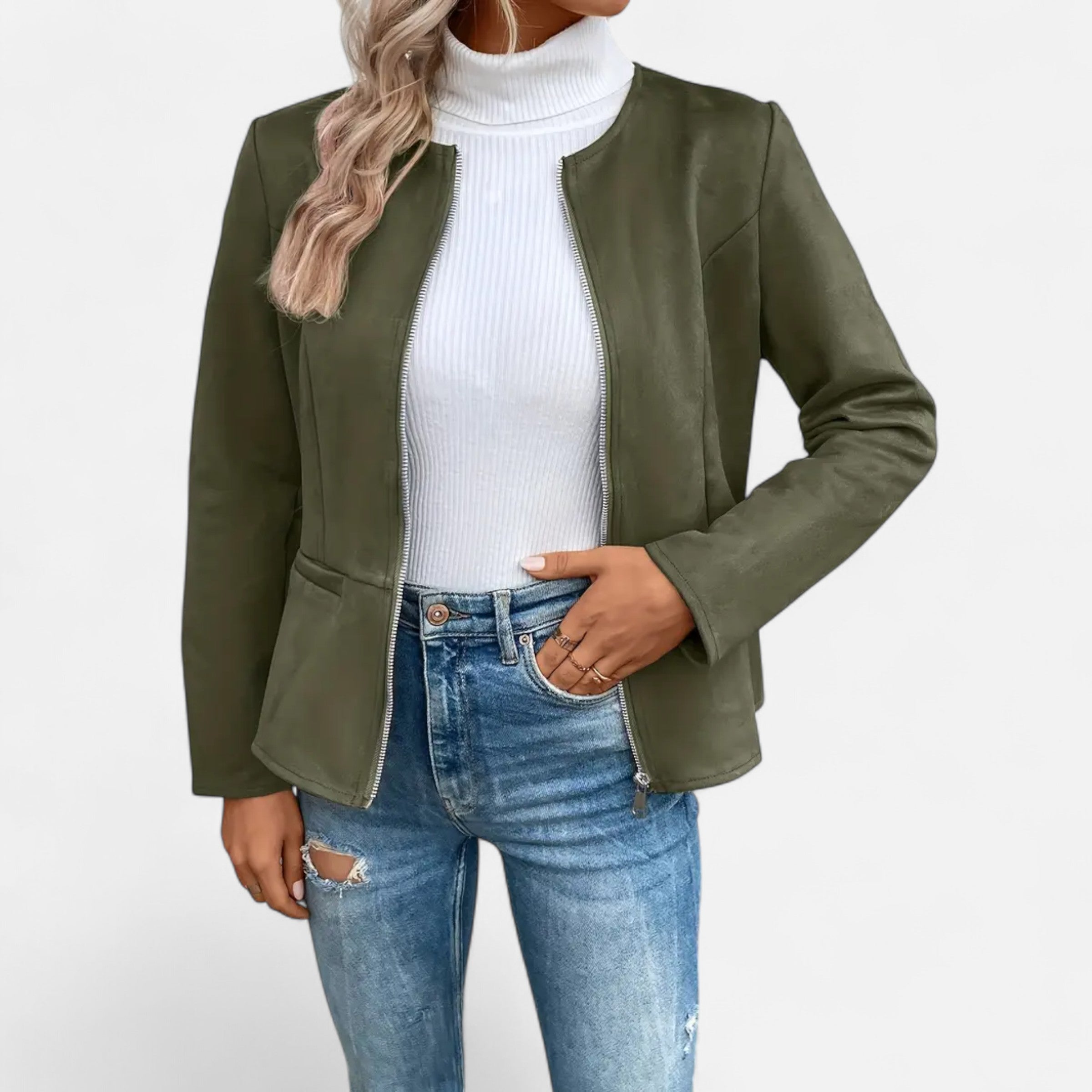 Women Jacket With Round Neck and Zip Detail